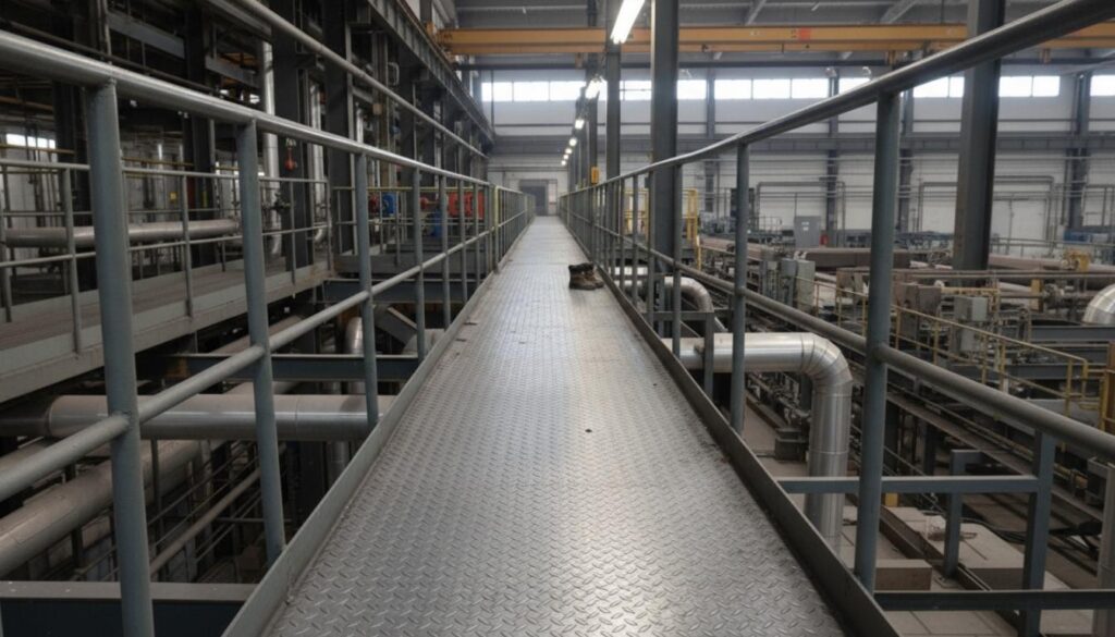 Chapa estriada antideslizante instalada como suelo industrial en pasarela de mantenimiento. Industrias Siwell