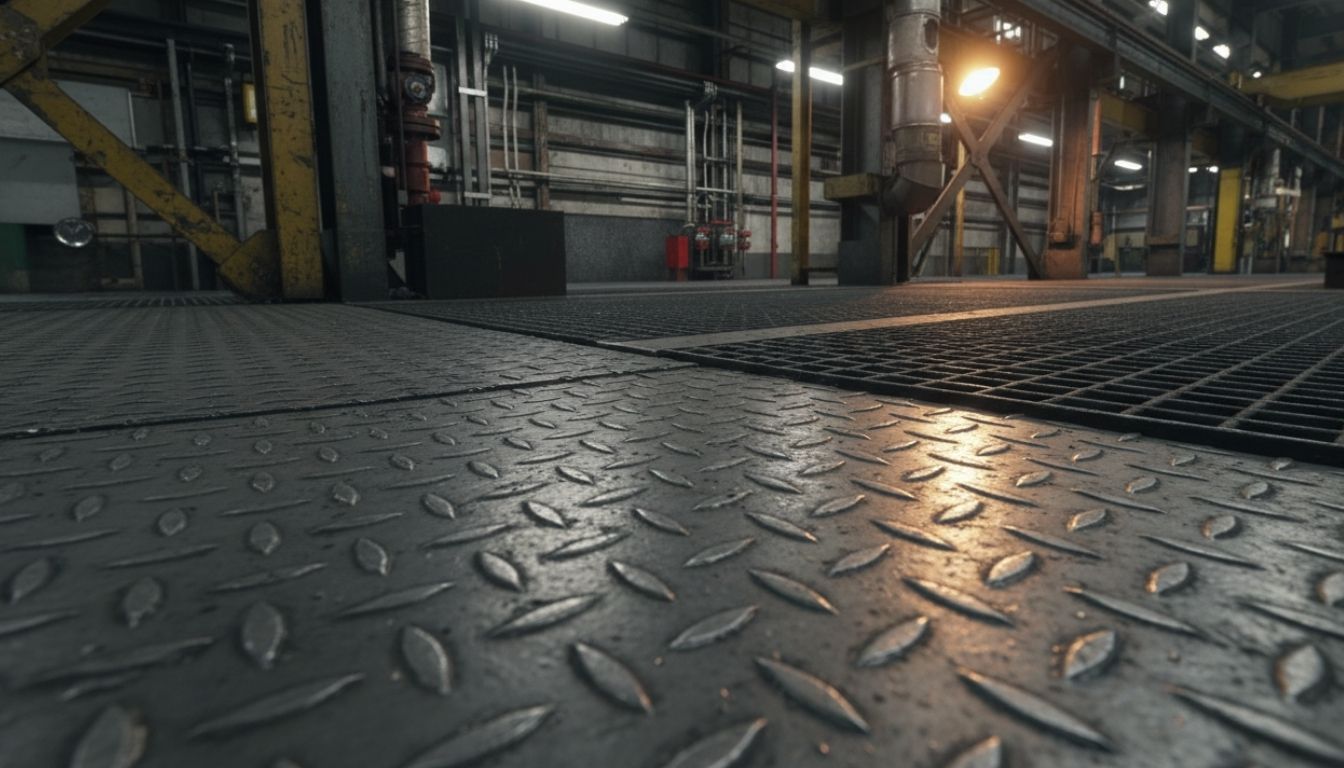 Detalle de relieve de chapa diamantada antideslizante con marcas de desgaste por tránsito industrial. Industrias Siwell