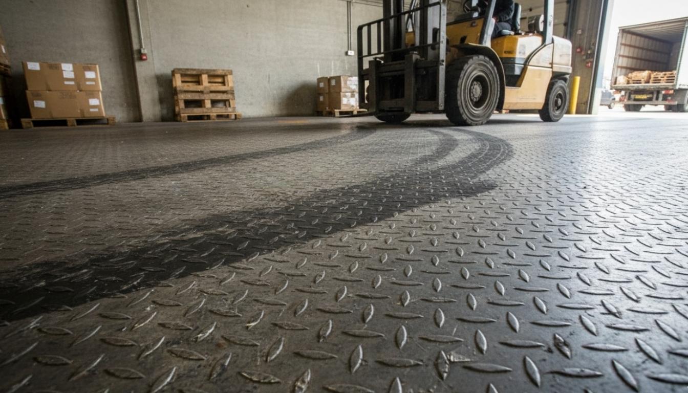 Suelo industrial de chapa metálica antideslizante en muelle de carga con tránsito de carretilla de Industrias Siwell